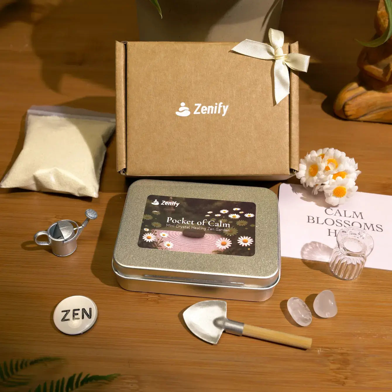 Zenify Blossom Zen Crystal Garden product set including tin, shovel, and calming elements.