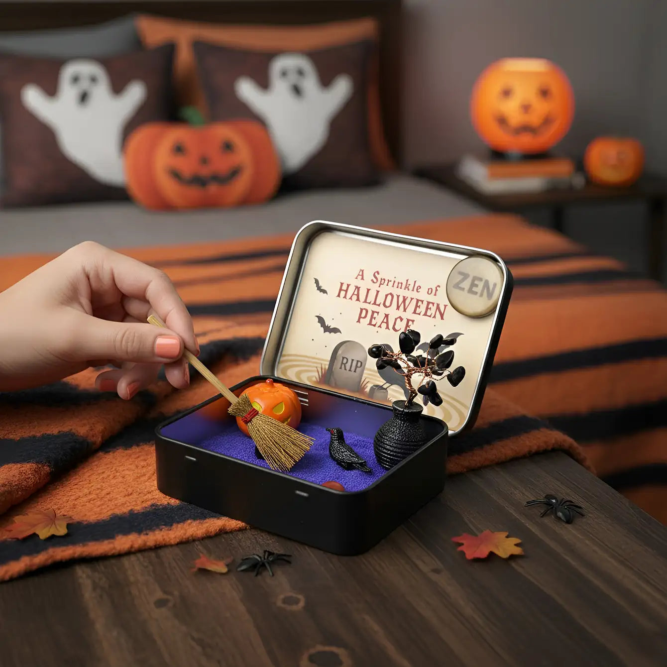 Halloween-themed mini Zen garden set in a tin with decorative elements on a table.