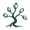 A curved handcrafted crystal tree with five gemstone tips in forest-green brushstrokes.