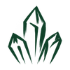 Three natural crystal points illustrated in forest-green brushstrokes.