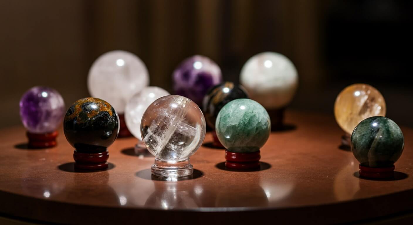 Crystal Energy Maps displayed on a wooden table showcasing various crystal spheres.