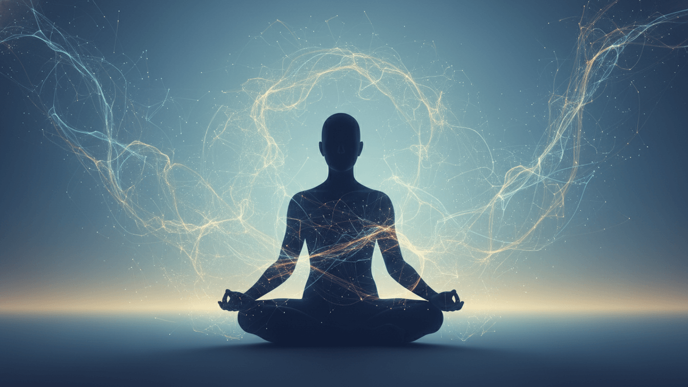 Silhouette of a meditating figure surrounded by vibrant energy, illustrating concepts from Unveiling the Neuroscience.