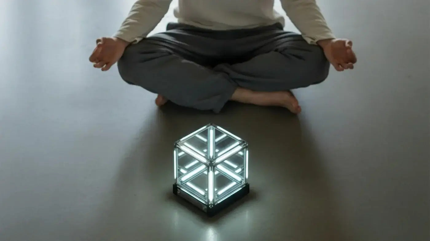 Person meditating with glowing cube, emphasizing mindfulness and exploring Uncovering Your Life’s Purpose in 3 Simple Steps.