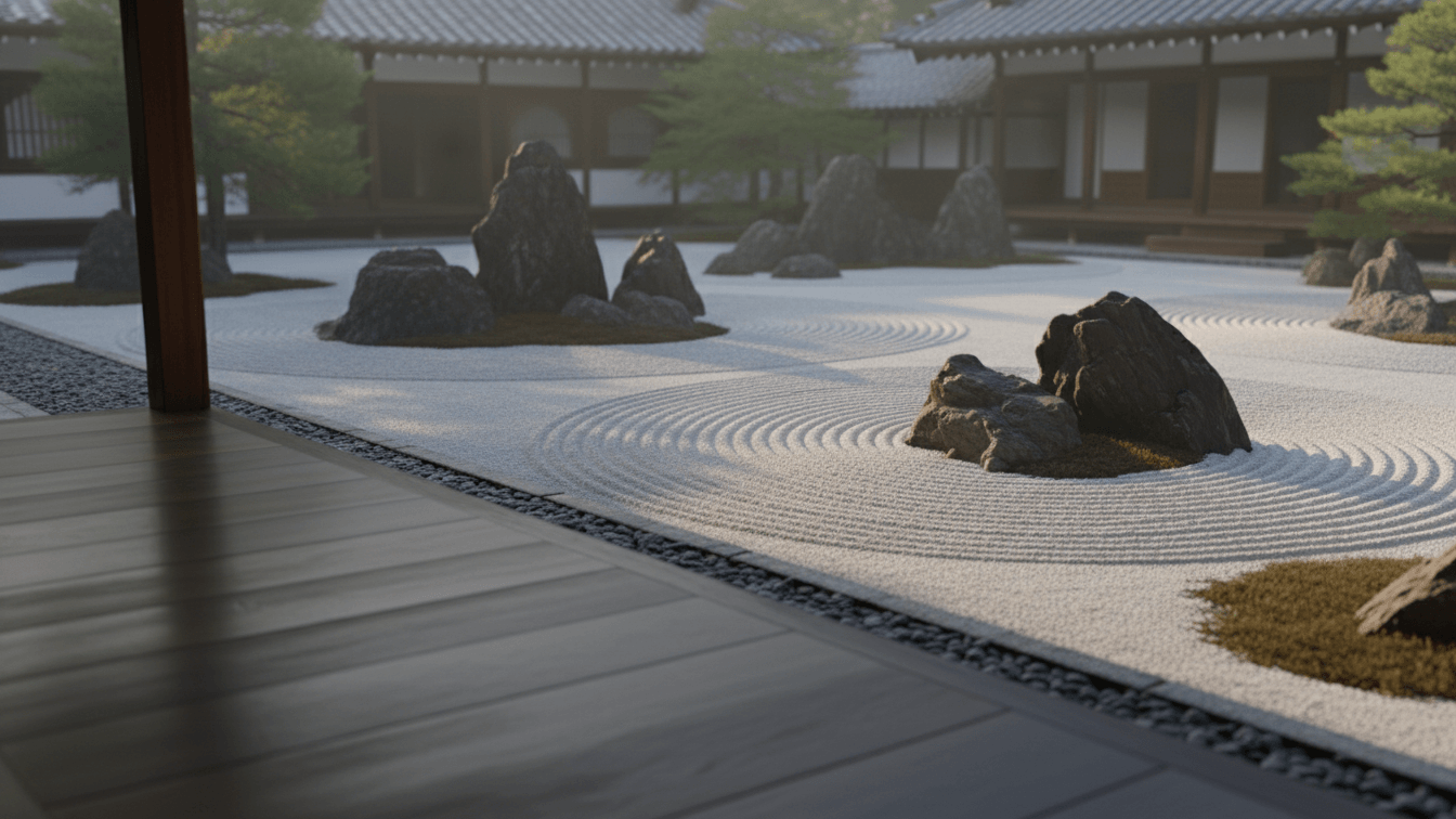 Zen Gardens featuring rocks and carefully raked gravel, illustrating tranquility and harmony in design.
