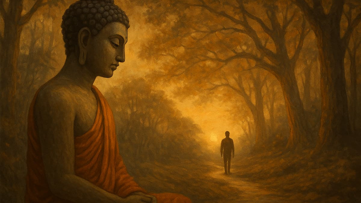 Buddha’s Quiet Warning: A serene Buddha statue overlooking a solitary figure walking down a path in a tranquil forest.