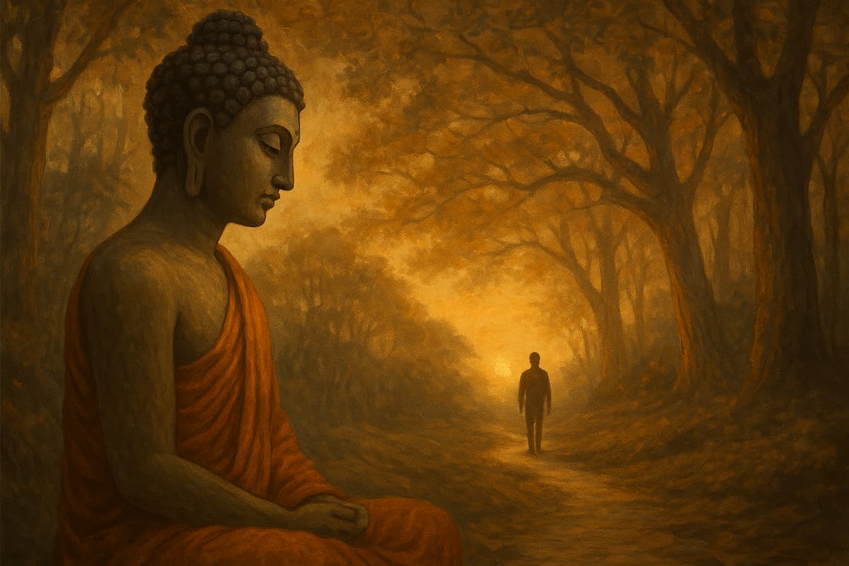 Buddha’s Quiet Warning: A serene Buddha statue overlooking a solitary figure walking down a path in a tranquil forest.