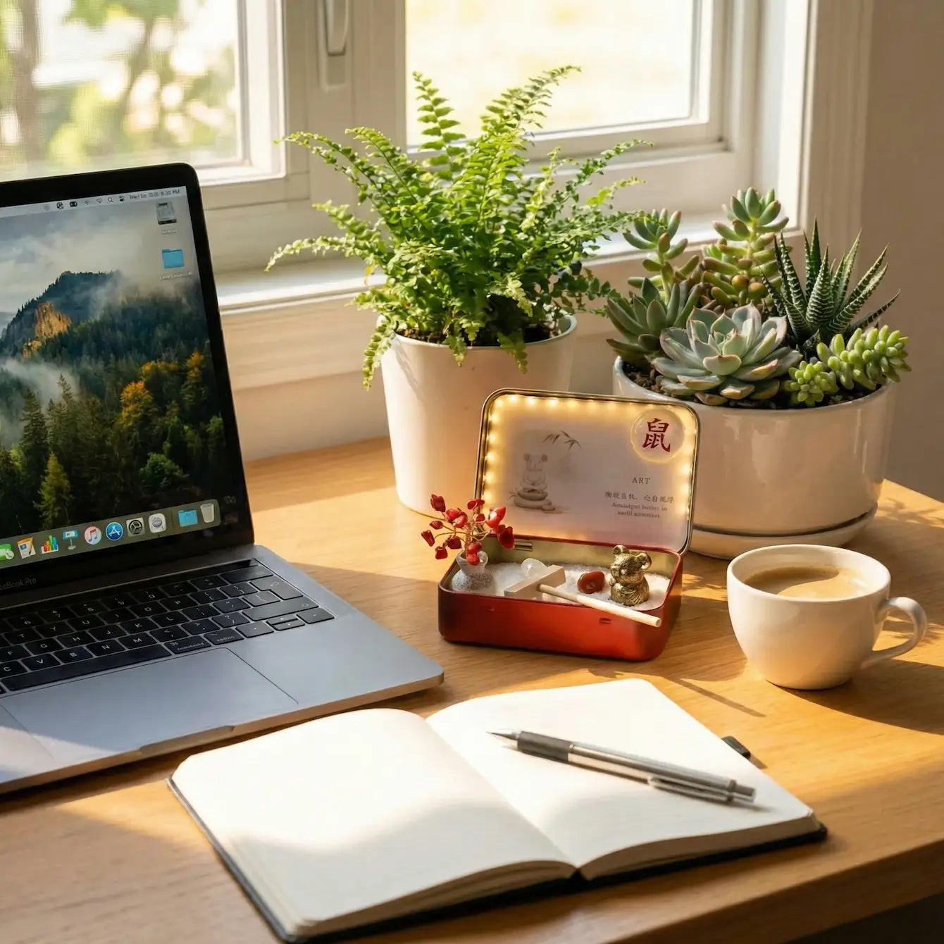 An aesthetically pleasing desk setup featuring a laptop, plants, and a Desk Zen Garden, illustrating why Desk Zen Gardens Are Popular in 2026.