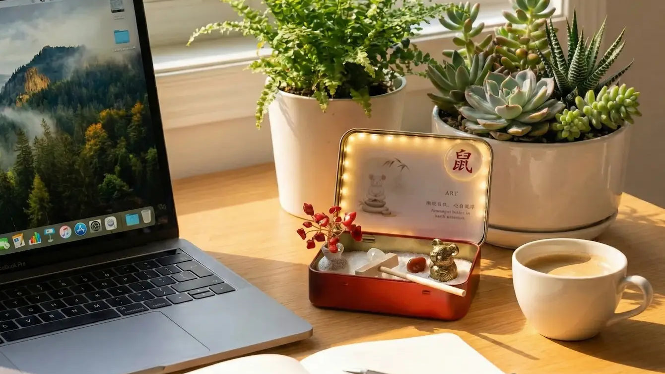 An aesthetically pleasing desk setup featuring a laptop, plants, and a Desk Zen Garden, illustrating why Desk Zen Gardens Are Popular in 2026.