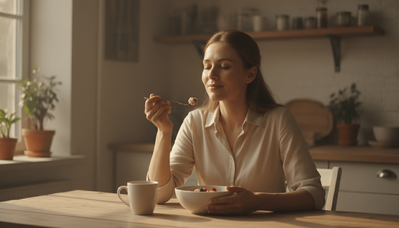 Woman enjoying a mindful breakfast, showcasing mindfulness practices for daily life.