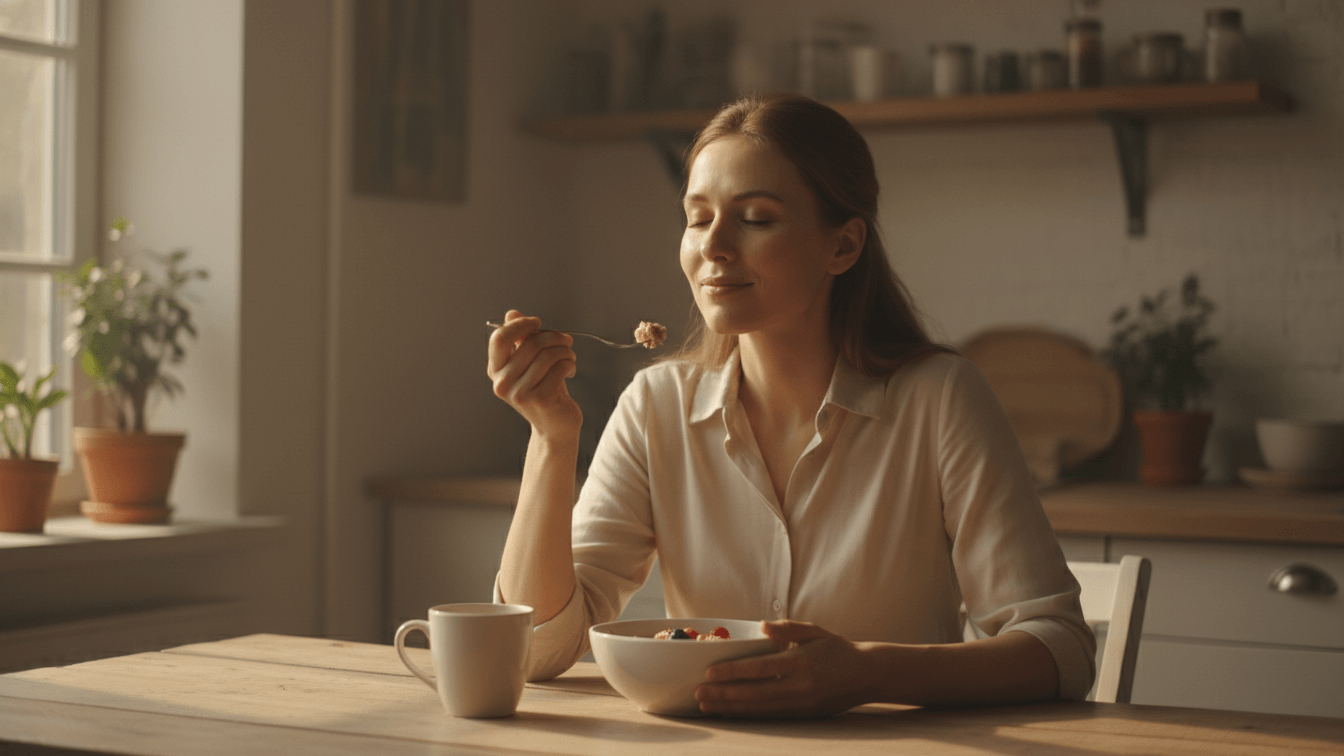 Woman enjoying a mindful breakfast, showcasing mindfulness practices for daily life.