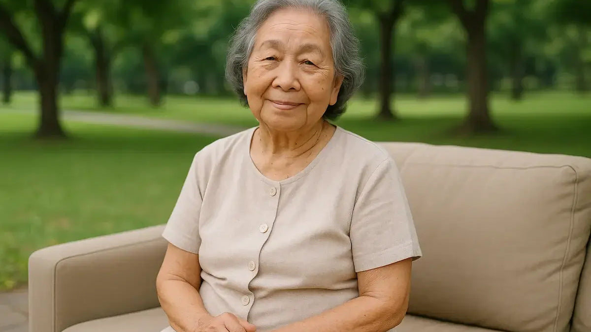 An elderly woman sitting on a couch in a park, embodying lessons from 'How My Mother Taught Me to Grow Old Without Falling Apart.'