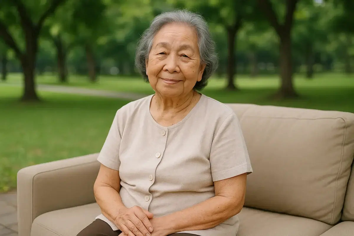 An elderly woman sitting on a couch in a park, embodying lessons from 'How My Mother Taught Me to Grow Old Without Falling Apart.'