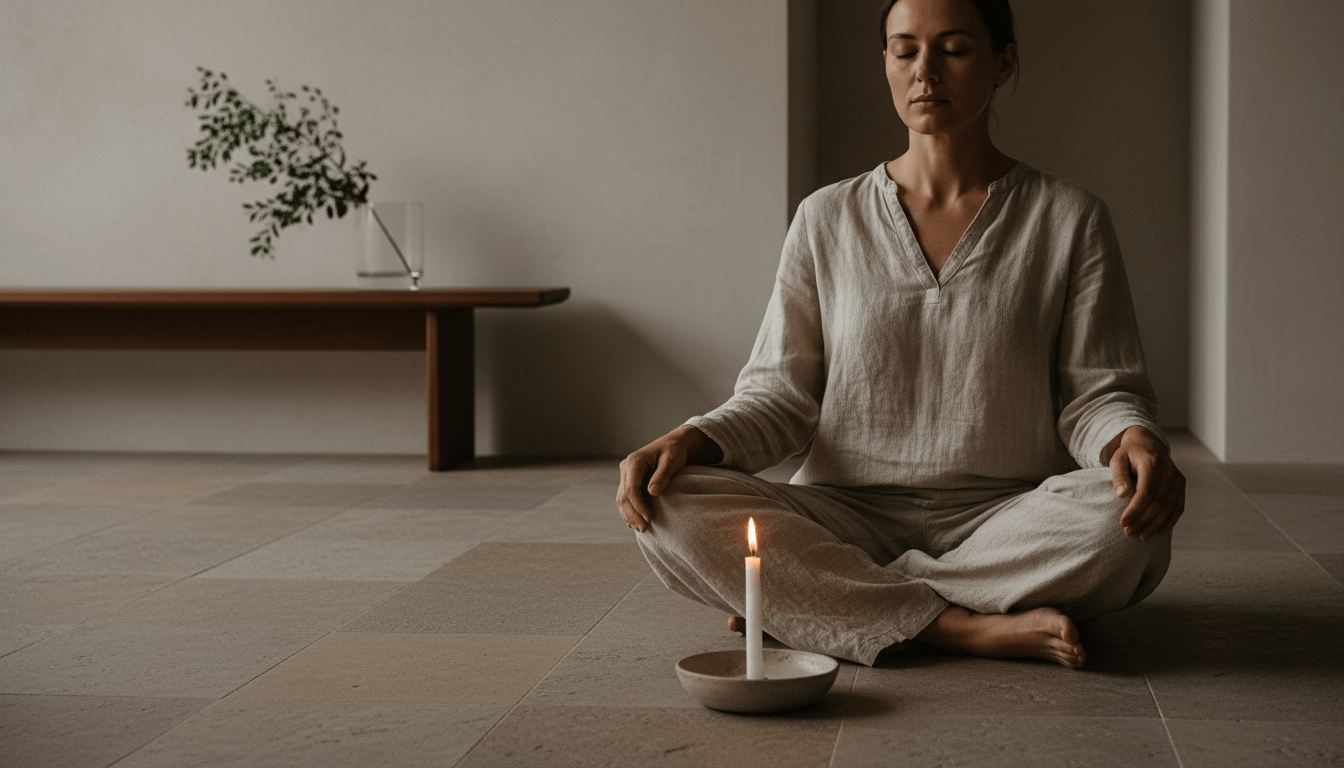 Person meditating with a candle and plant, highlighting meditation tools for inner peace.
