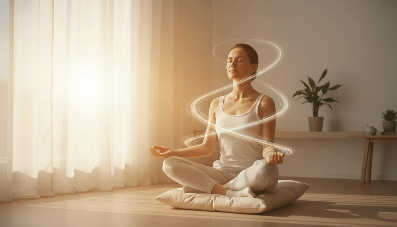 Woman practicing 5-Minute Breathing Exercises in a serene indoor space to reduce stress and boost her mood.