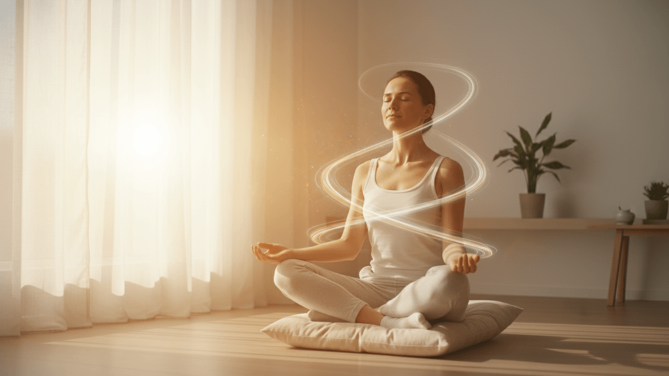 Woman practicing 5-Minute Breathing Exercises in a serene indoor space to reduce stress and boost her mood.