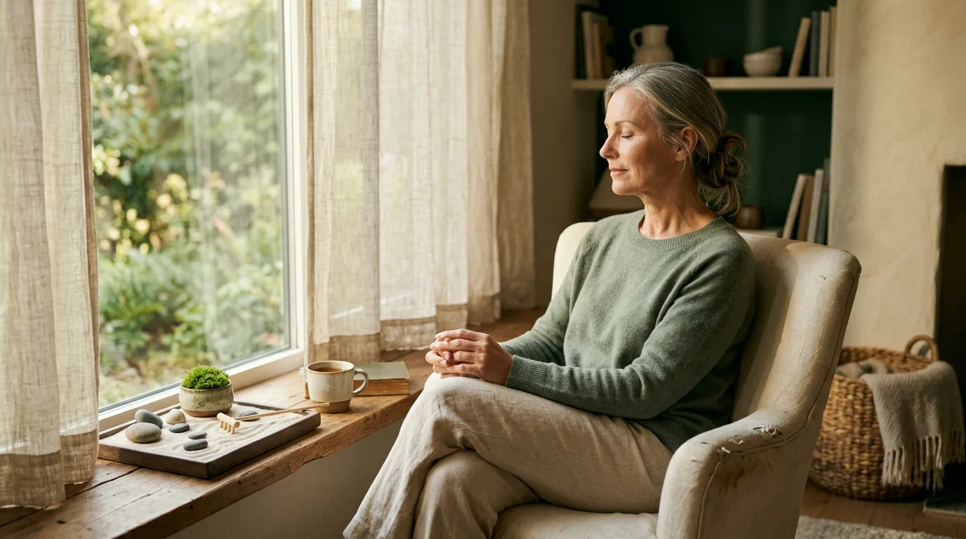 A woman sits in quiet morning stillness by a sunlit window, hands resting gently in her lap -- a moment of honest self-reflection, not performance.