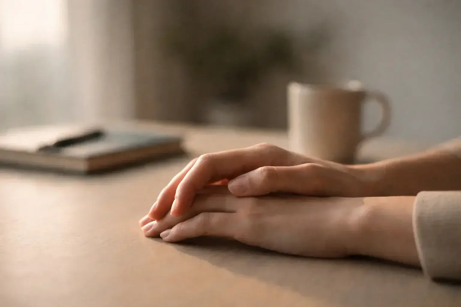When the World Gets Smarter, hands resting on a table with a coffee mug and notebook in the background.