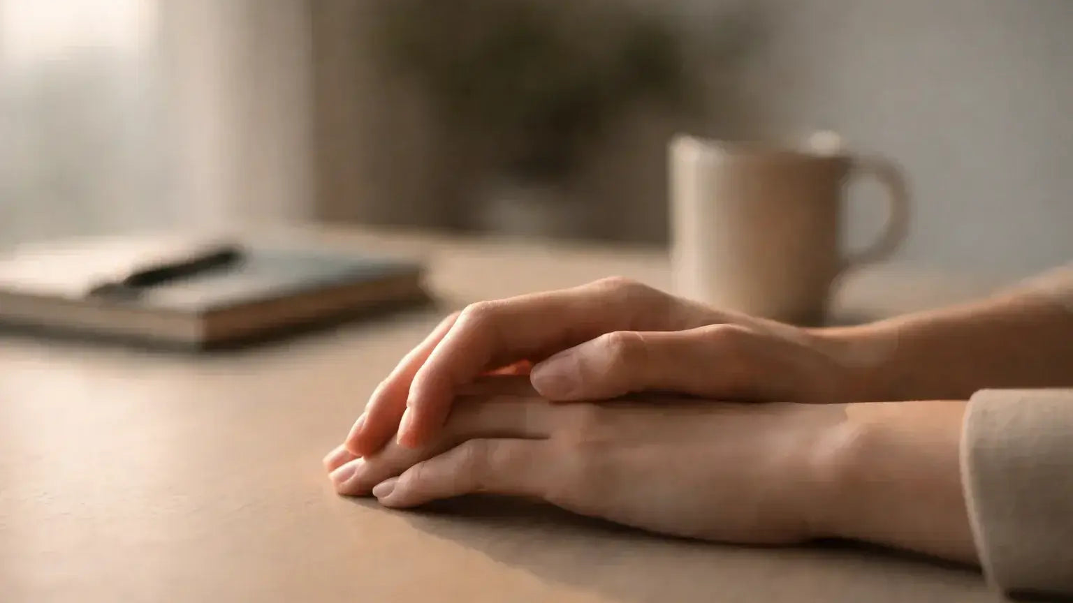 When the World Gets Smarter, hands resting on a table with a coffee mug and notebook in the background.