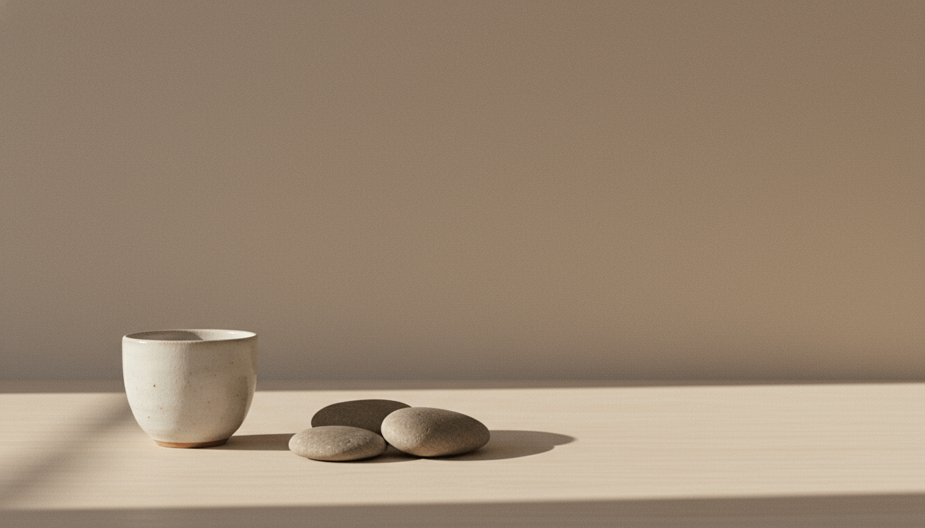 A simple ceramic cup and three smooth stones representing tranquility in the theme of When You Feel Lost.