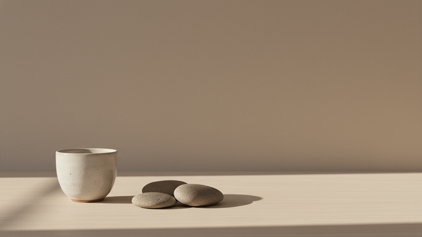 A simple ceramic cup and three smooth stones representing tranquility in the theme of When You Feel Lost.