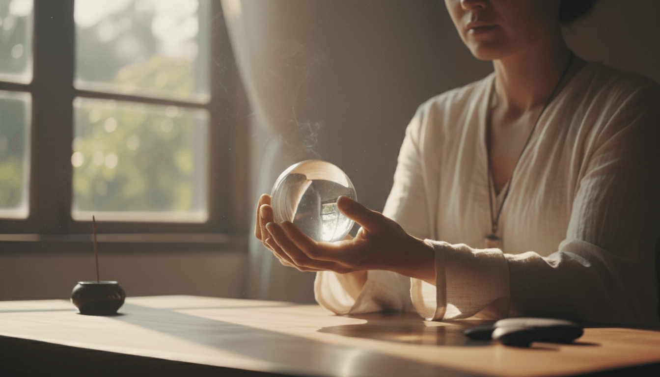 A person holding a crystal ball while meditating, illustrating the theme 'Why I Reach for My Crystal Ball Every Time I Meditate'.