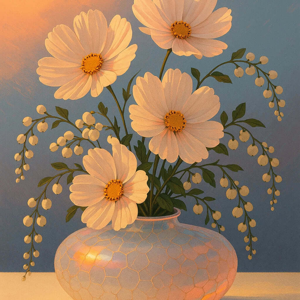 Beautiful flowers in a vase with soft colors, representing renewal and the beauty of life. I Rebooted My Life at 75.