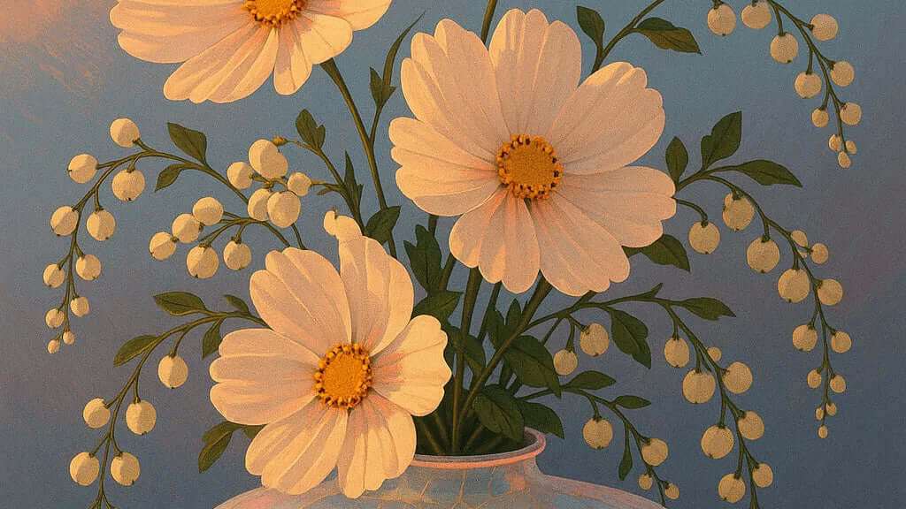 Beautiful flowers in a vase with soft colors, representing renewal and the beauty of life. I Rebooted My Life at 75.