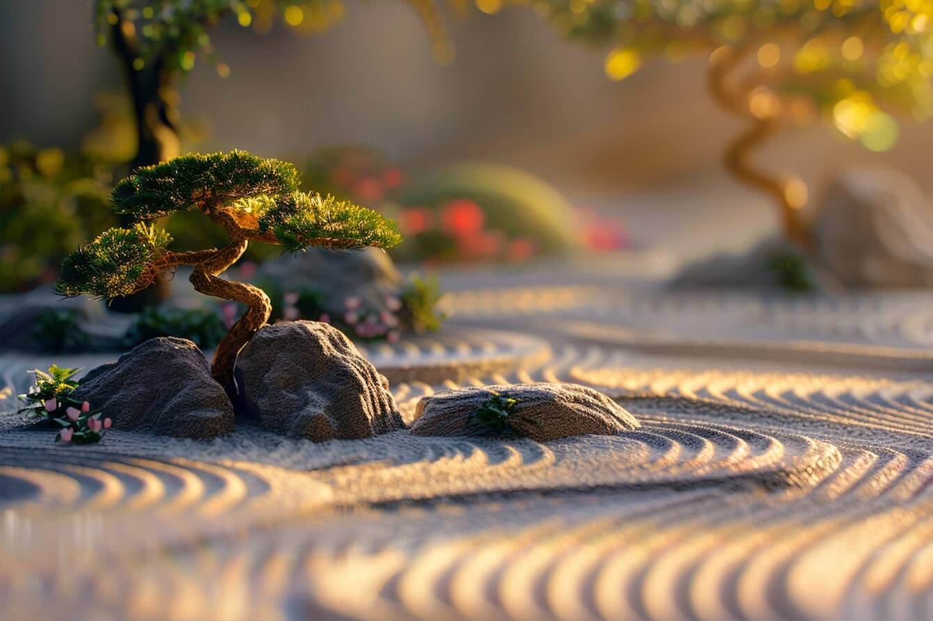 A serene Zen garden with a bonsai tree and meticulously arranged sand, illustrating concepts from 'Consciousness Is Not What You Think'.