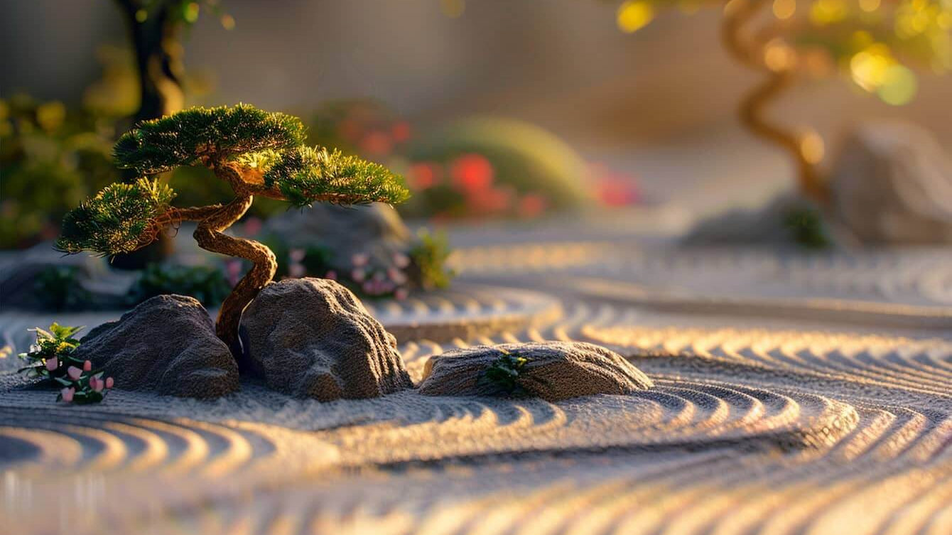 A serene Zen garden with a bonsai tree and meticulously arranged sand, illustrating concepts from 'Consciousness Is Not What You Think'.