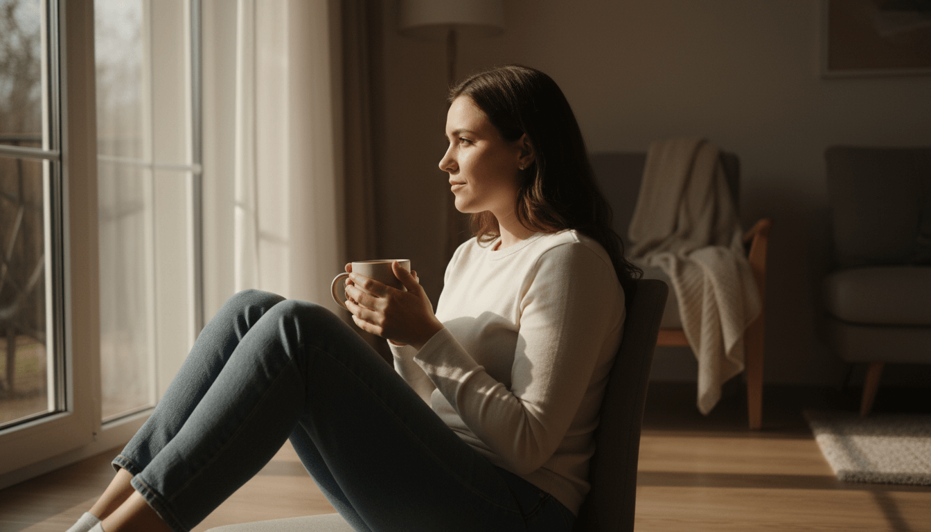 Woman practicing 5 Simple Mindfulness Exercises with a cup of tea while sitting by the window.