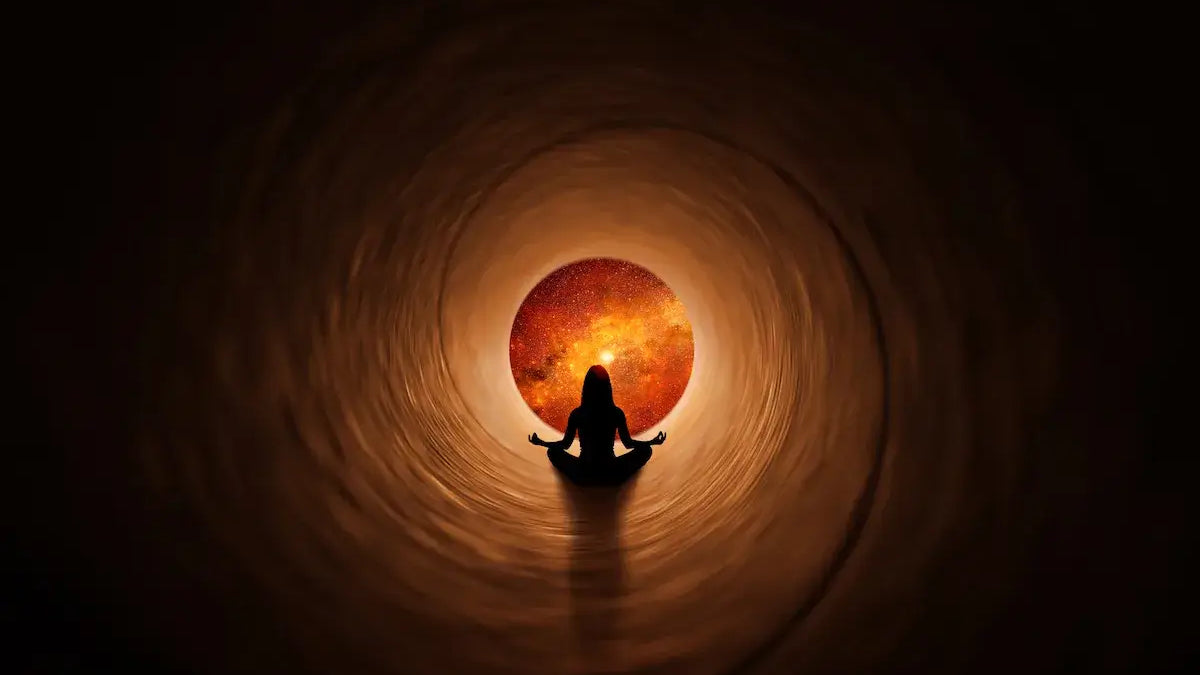 On Not Responding to Negative People concept with a figure meditating in a tunnel illuminated by a sun-like sphere.