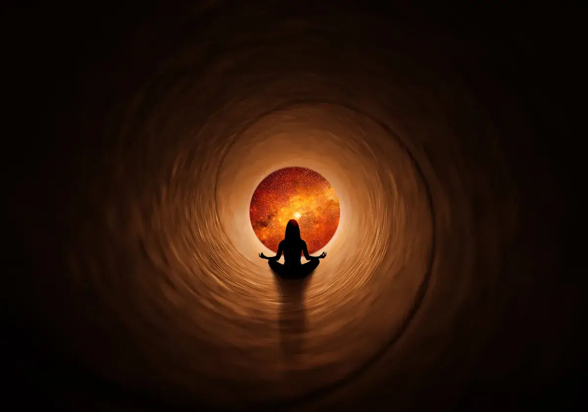 On Not Responding to Negative People concept with a figure meditating in a tunnel illuminated by a sun-like sphere.