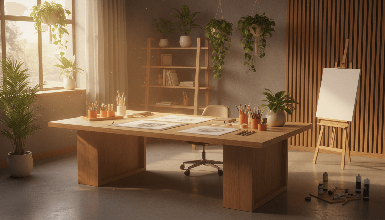 A serene workspace with art supplies and plants, embodying the concept of Bringing Mindfulness into Design.