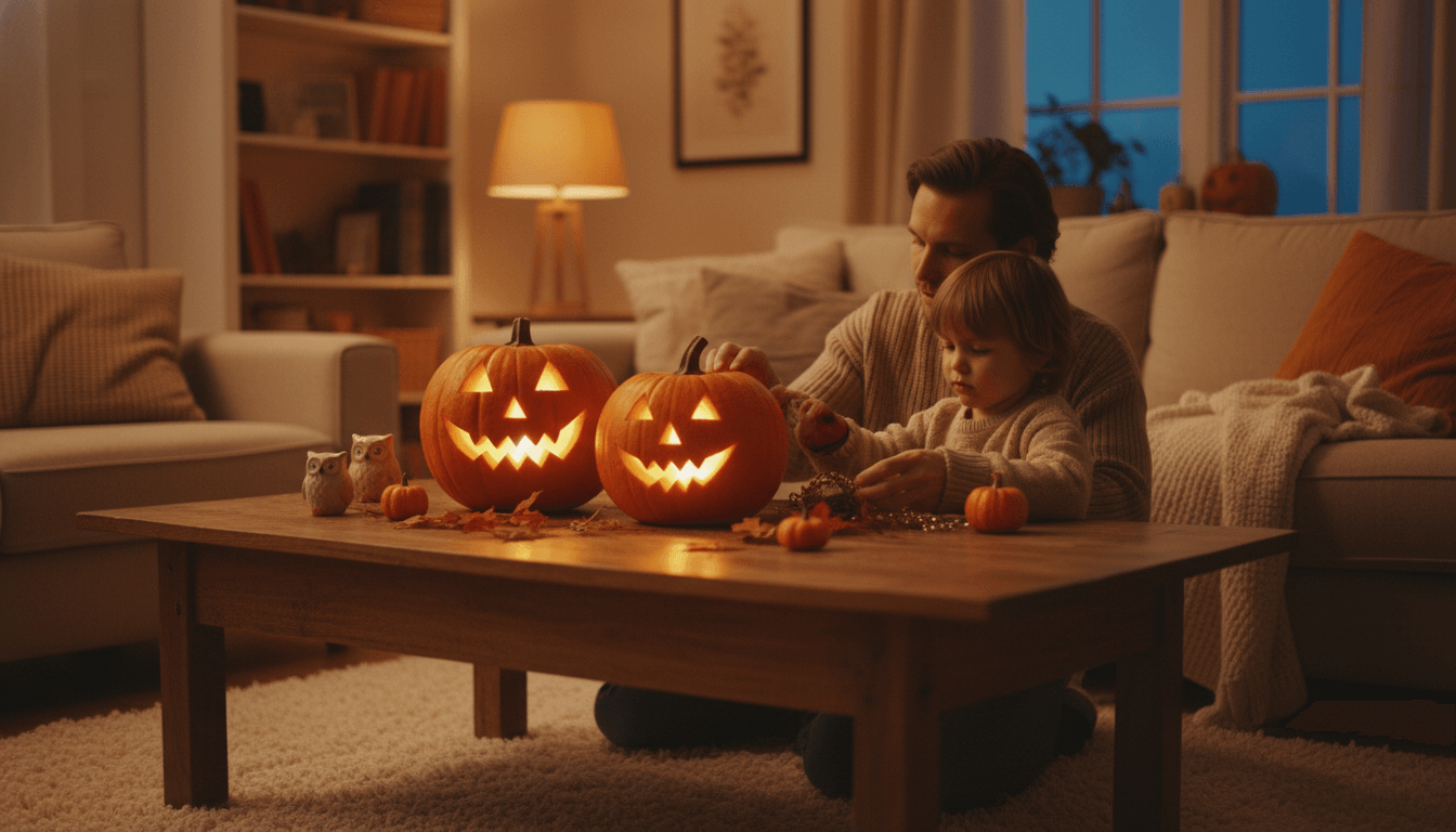 A father and child enjoying Halloween together, creating joyful memories in their cozy living room, finding peace in Halloween.
