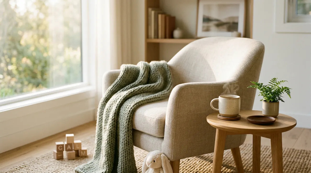 A cozy chair with a green blanket, symbolizing mindfulness for parents in a serene home environment.