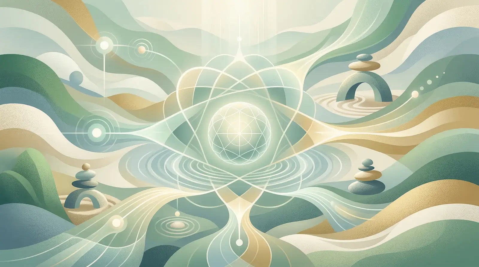 Artistic representation of tranquility featuring abstract waves and stones, ideal for exploring guided meditation tools for beginners.