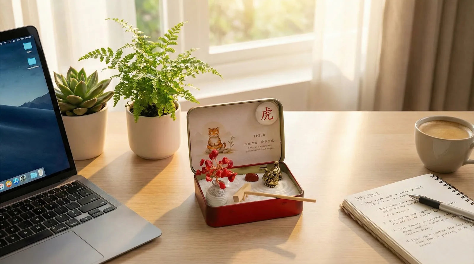A workspace with a laptop, snacks, and a plant, illustrating 5-minute mental reset techniques.