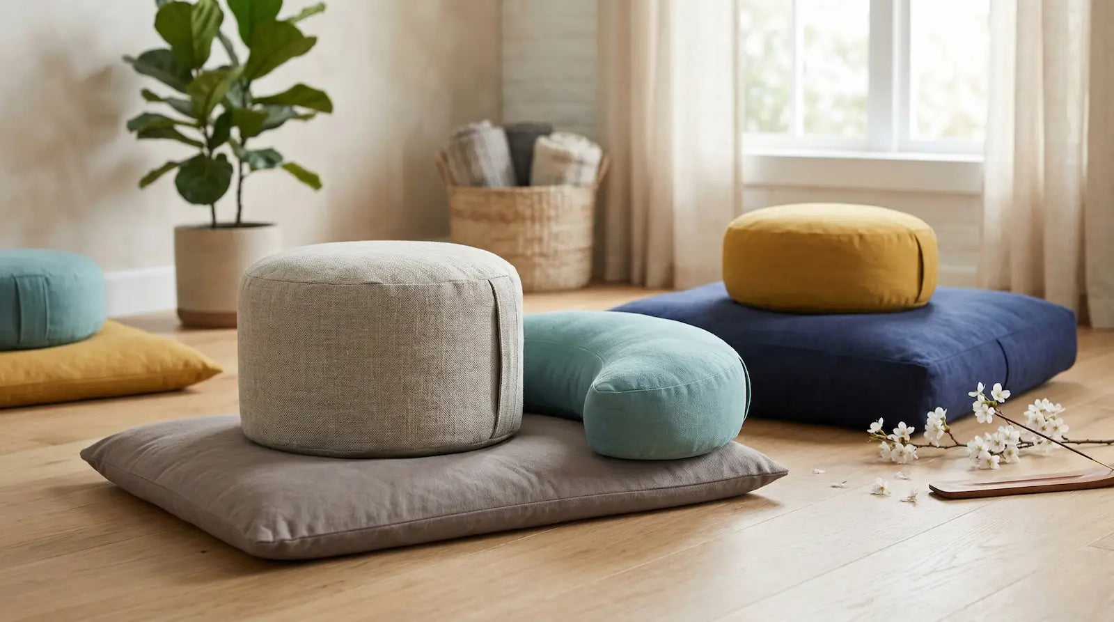 Best Meditation Cushions 2026 displayed in a cozy room with various colors and shapes of meditation cushions.