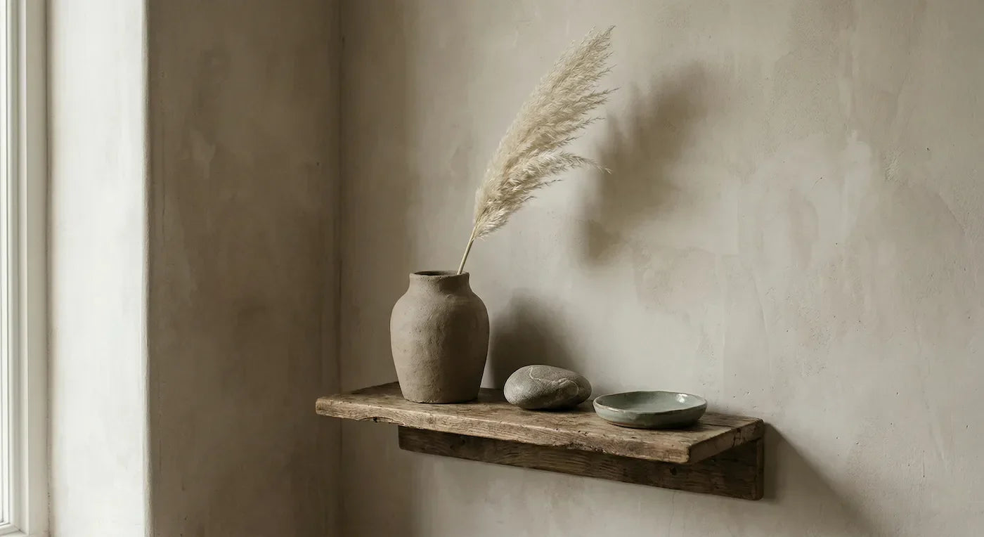 Wabi-Sabi at Home: Rustic shelf displaying a vase, decorative stones, and a bowl in a minimalist living space.