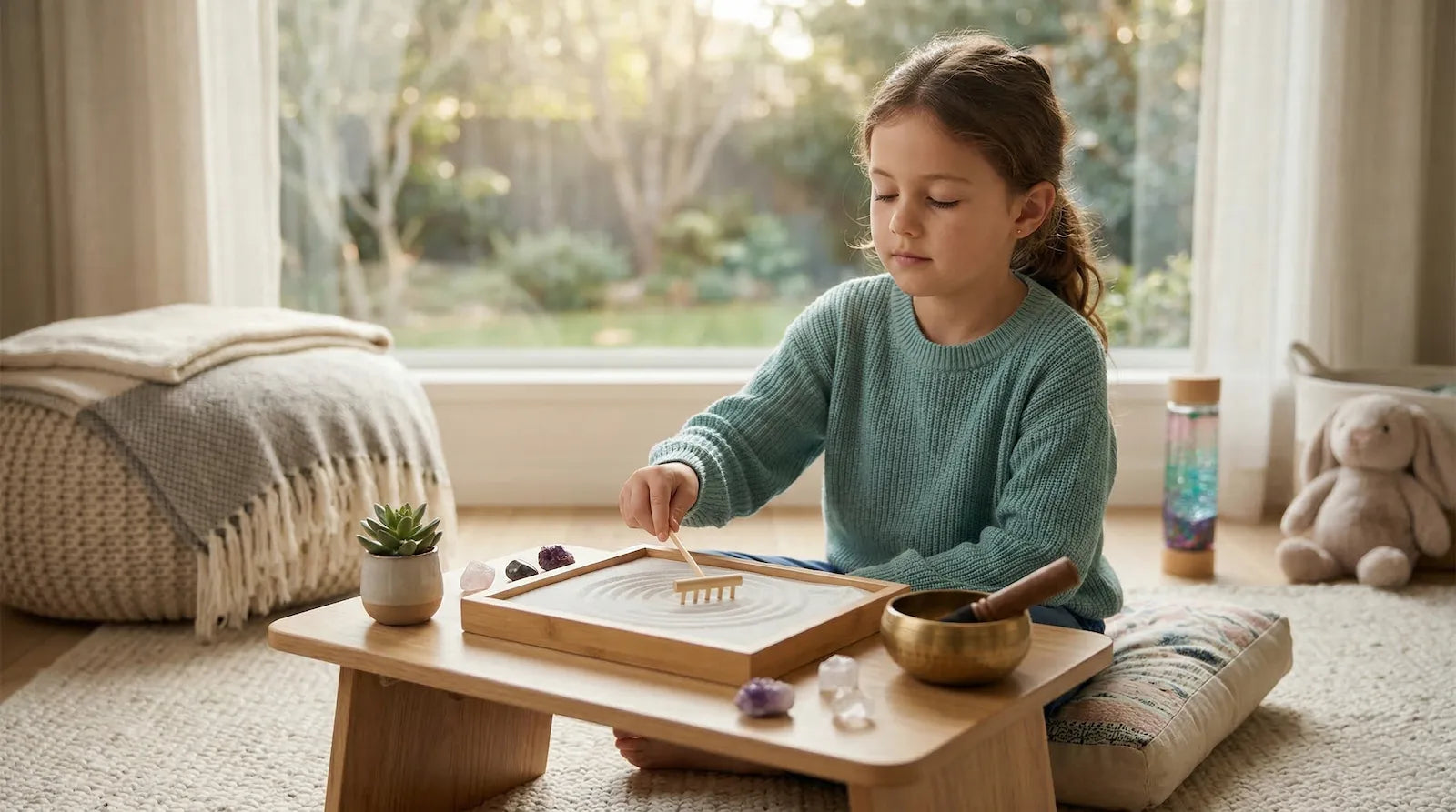 A child using meditation tools for kids to practice mindfulness with a sand tray and calming accessories at home.