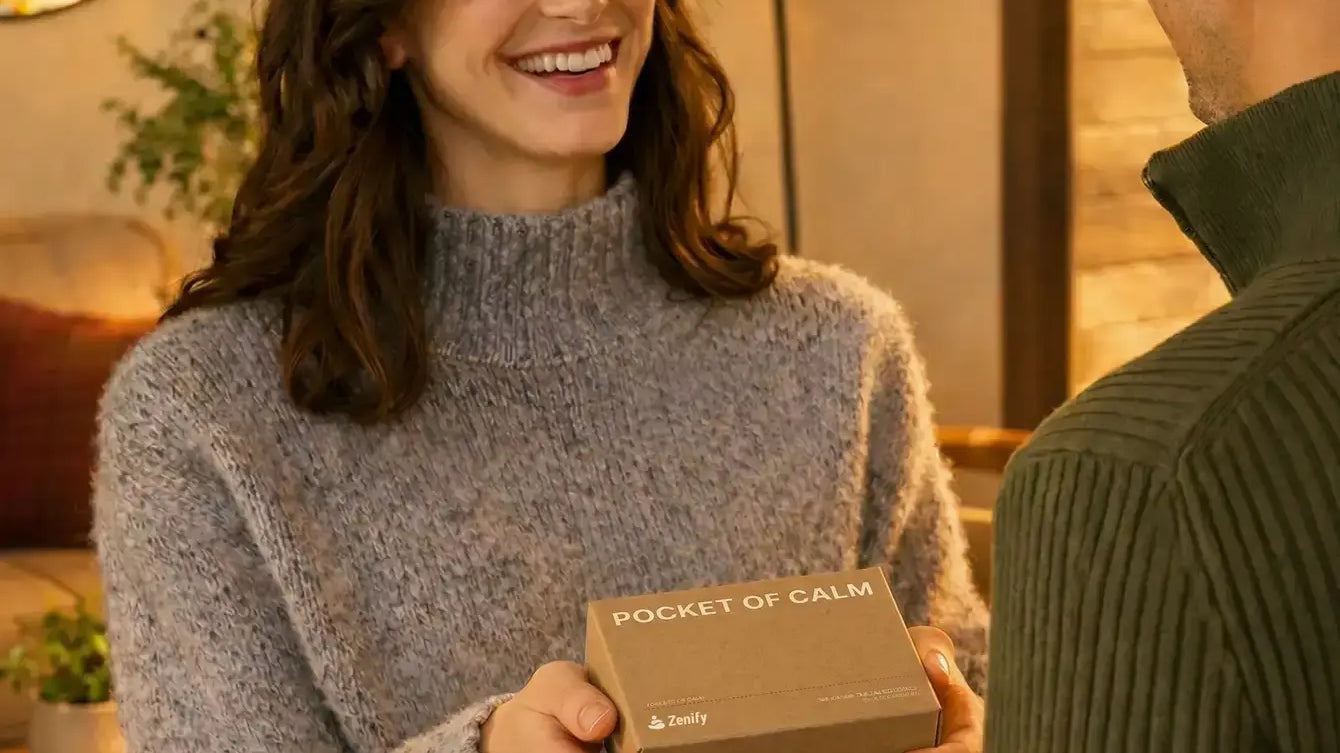 A woman giving a Pocket of Calm mini Zen garden gift box to a friend