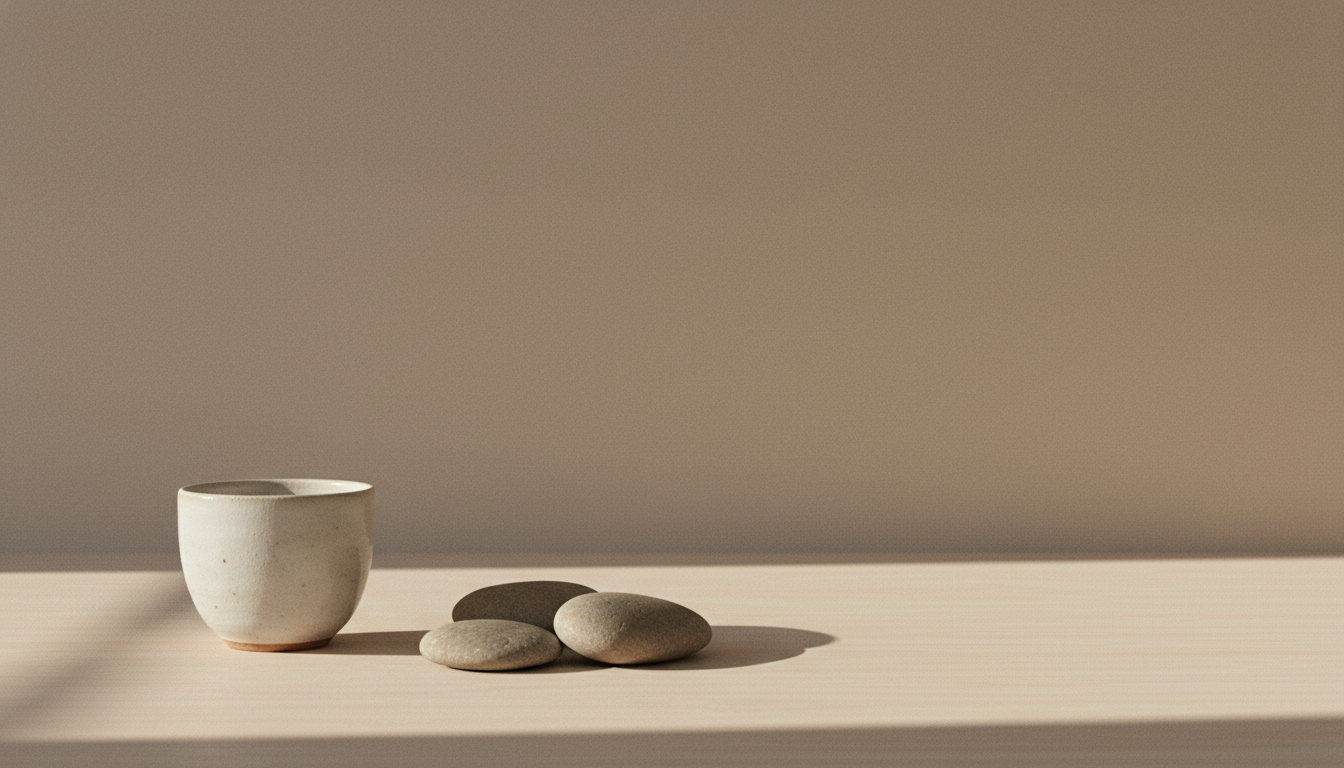 A simple ceramic cup and three smooth stones representing tranquility in the theme of When You Feel Lost.