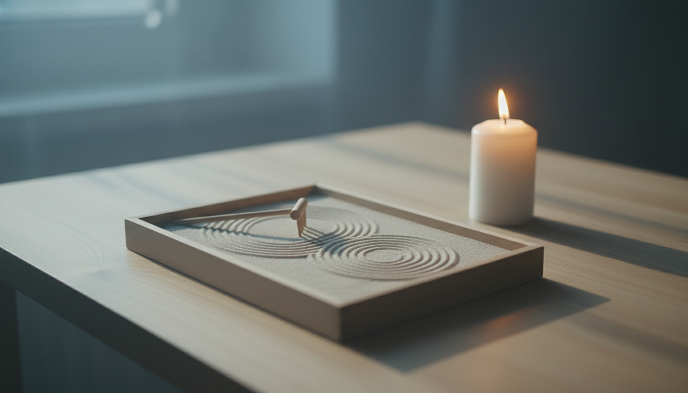 5 Science-Backed Ways Zen Gardens Ease Holiday Stress with sand patterns and a lit candle enhancing tranquility.