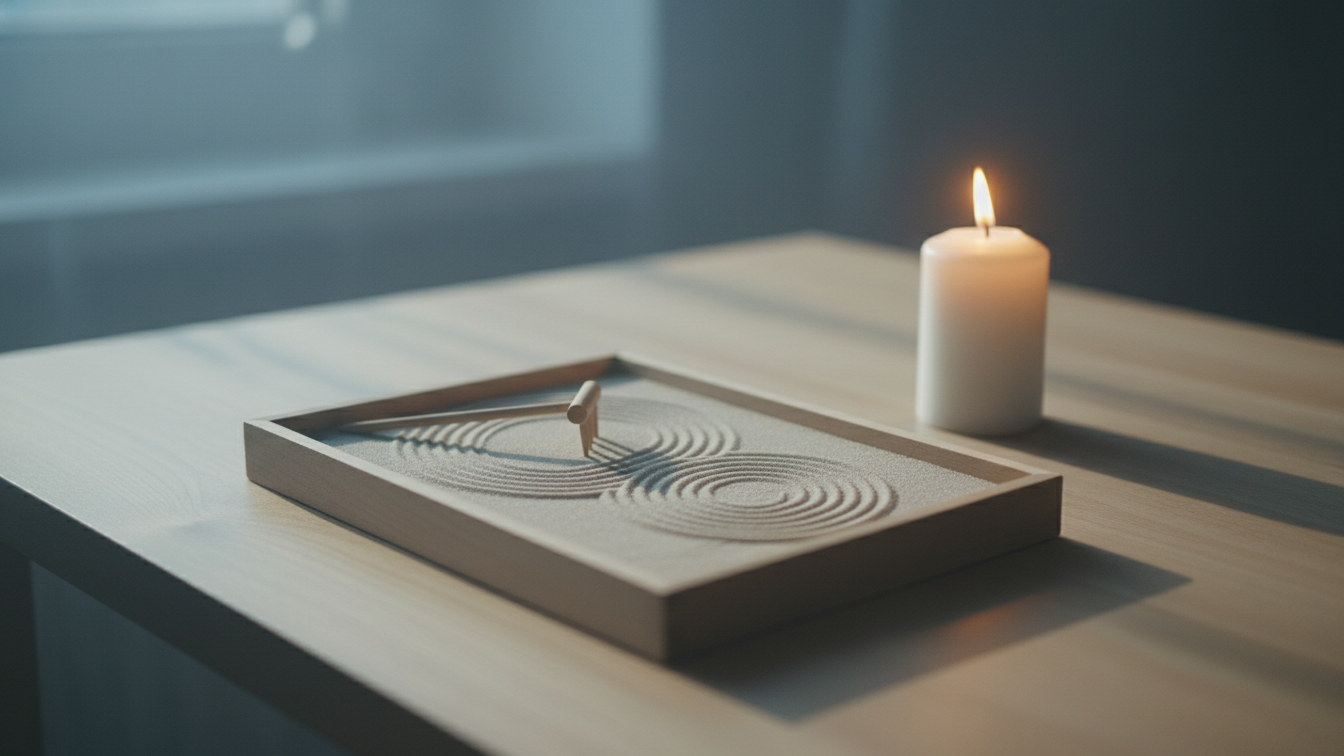 5 Science-Backed Ways Zen Gardens Ease Holiday Stress with sand patterns and a lit candle enhancing tranquility.
