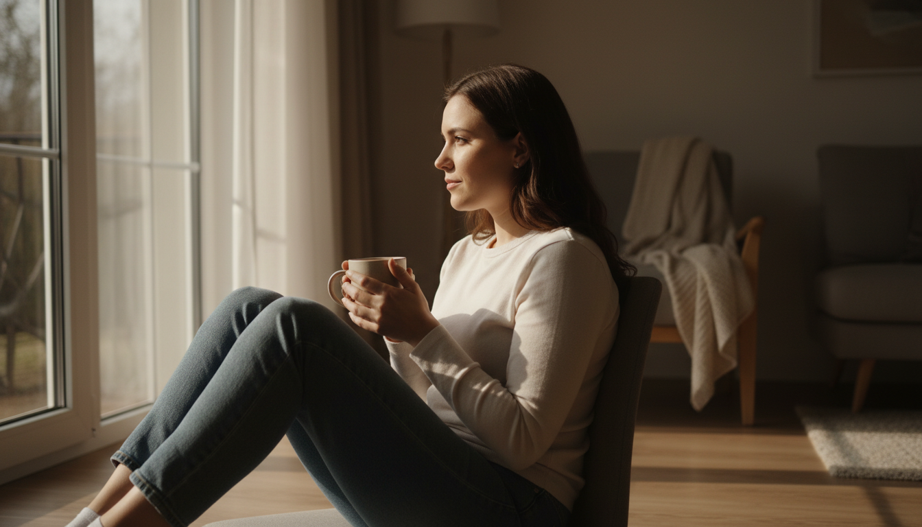 Woman practicing 5 Simple Mindfulness Exercises with a cup of tea while sitting by the window.