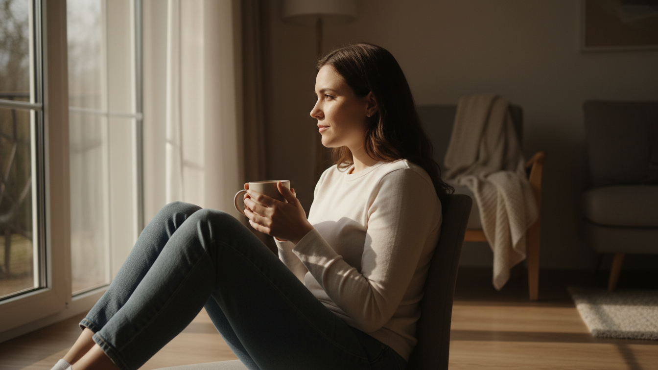 Woman practicing 5 Simple Mindfulness Exercises with a cup of tea while sitting by the window.