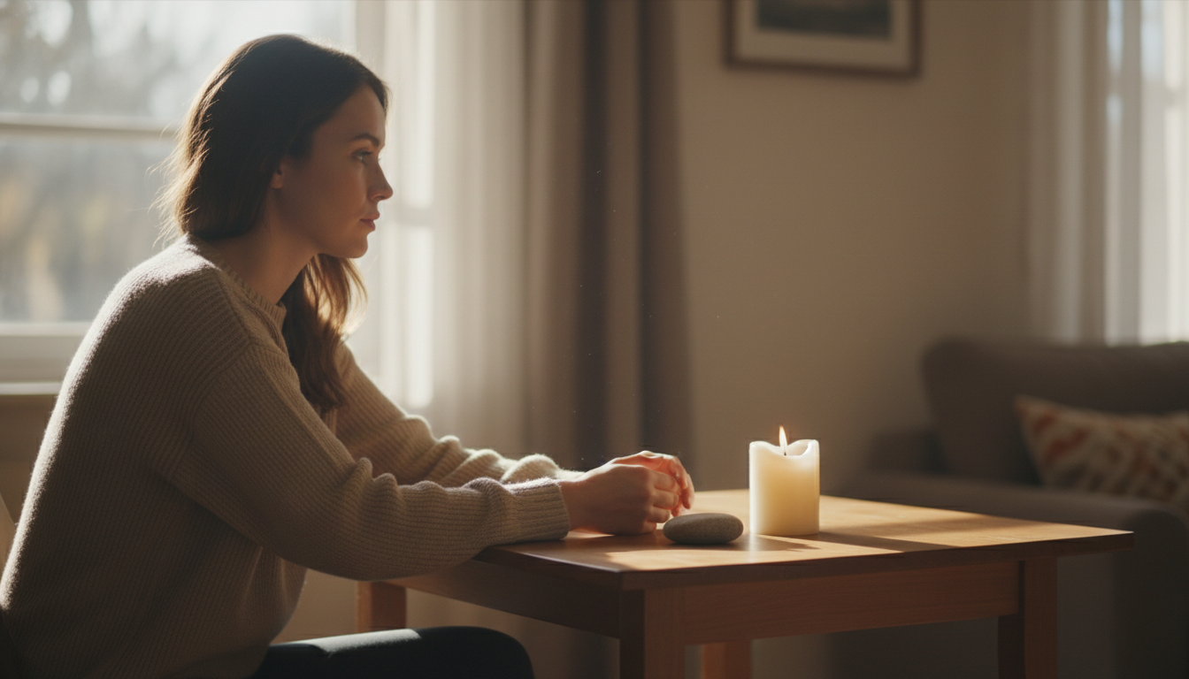 A woman sitting calmly at a desk with a candle, embodying the idea that Your Desk Can Be a Temple.