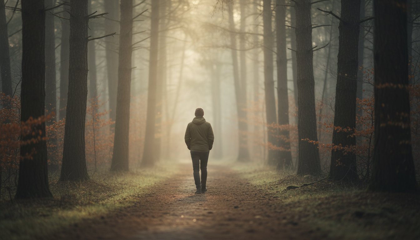 Person walking on a misty forest path with trees, illustrating the themes in This Zen Master’s First Words.