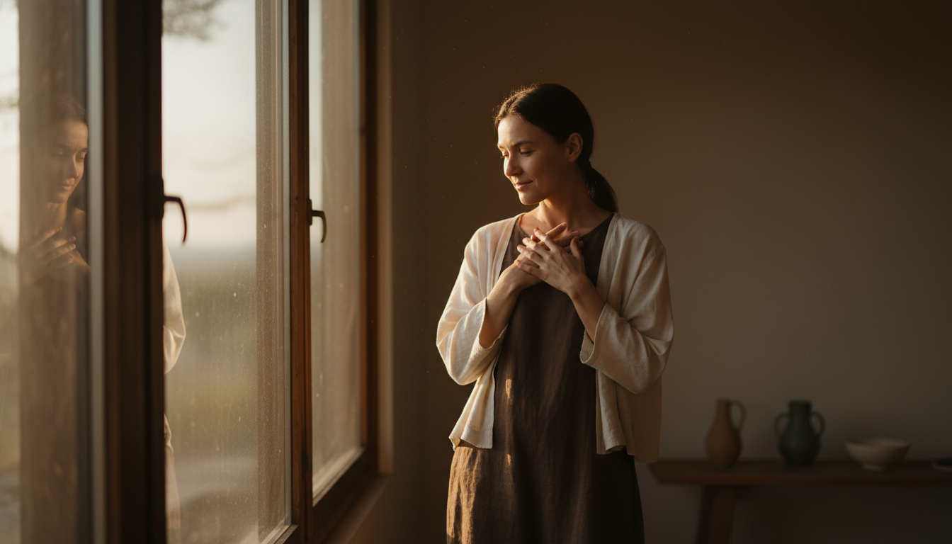 Woman reflecting on life, inspired by Buddha’s Brilliant Advice to be like a mountain.