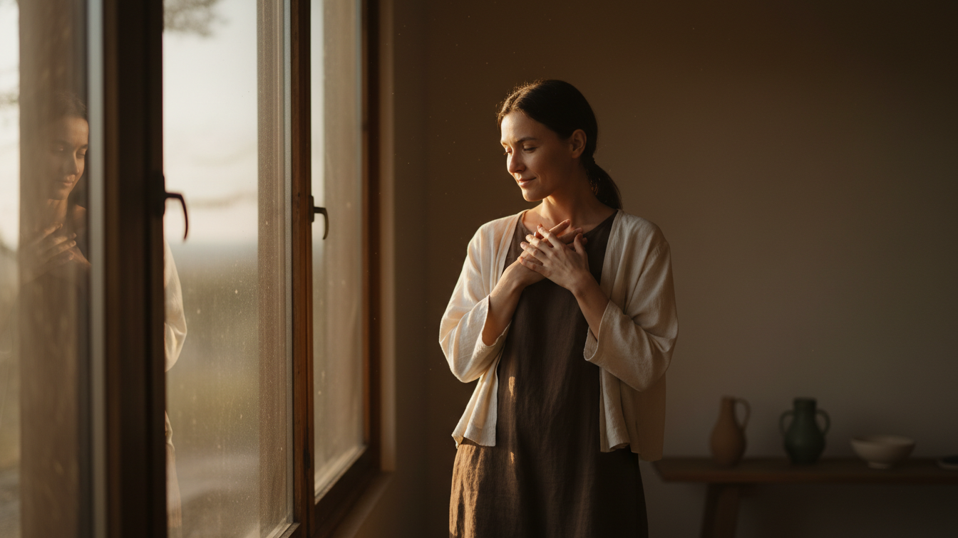 Woman reflecting on life, inspired by Buddha’s Brilliant Advice to be like a mountain.